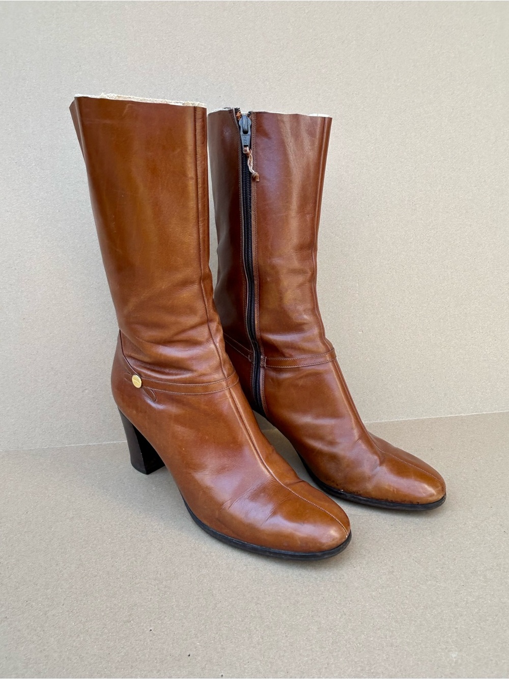 Vintage Ferragamo Leather Heeled Boots 10M Mid Calf Zip Up Classic Gold Upcycled - Picture 14 of 14